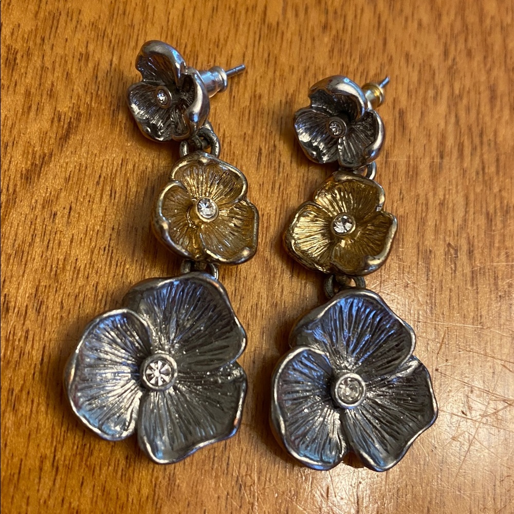 Floral Two-Tone Drop Earrings - Silver & Gold Flower Design